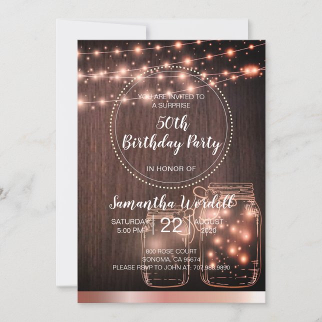 Invitación Rustic 50th Birthday String Lights (Anverso)