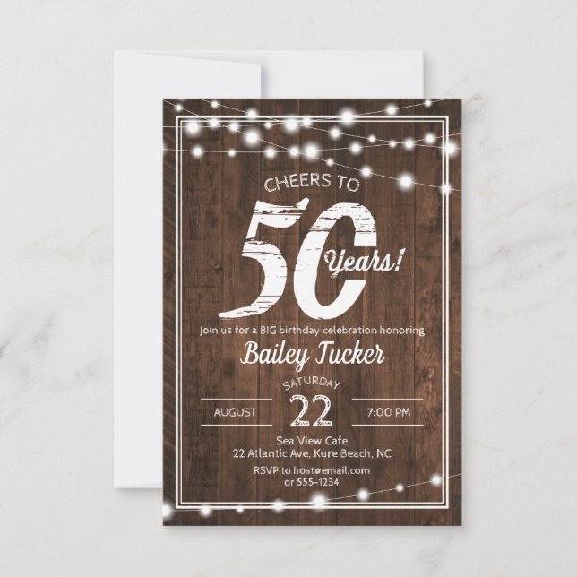 Invitación Rustic 50th Birthday String Lights Fiesta de cumpl (Anverso)