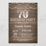 Invitación Rustic 70th Birthday Invitation String Lights<br><div class="desc">Invitación rústica de cumpleaños 70 con antecedentes de madera rústica. Luces de cadena. Retro Vintage de campo. Cumpleaños de adultos. Cumpleaños de hombres o mujeres.
Para más personalización,  haga clic en el botón "Personalizar" y utilice nuestra herramienta de diseño para modificar esta plantilla.</div>