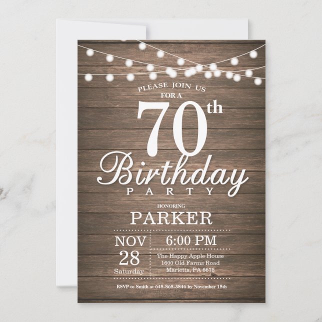 Invitación Rustic 70th Birthday Invitation String Lights Wood (Anverso)