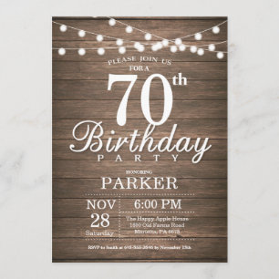 Invitación Rustic 70th Birthday Invitation String Lights Wood