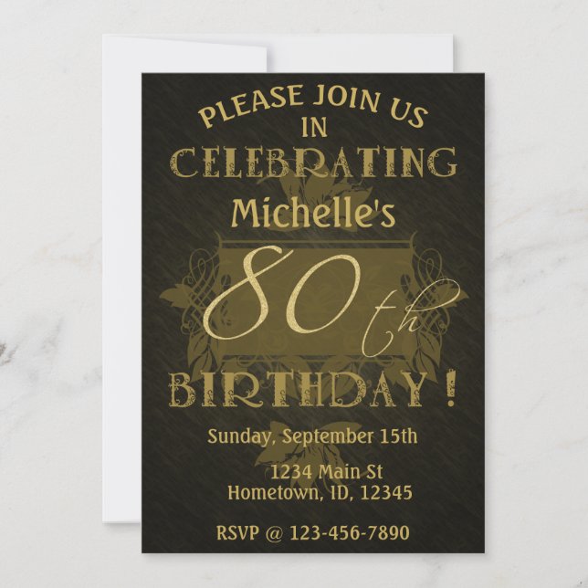 Invitación Rustic 80 cumpleaños Black & Gold (Anverso)