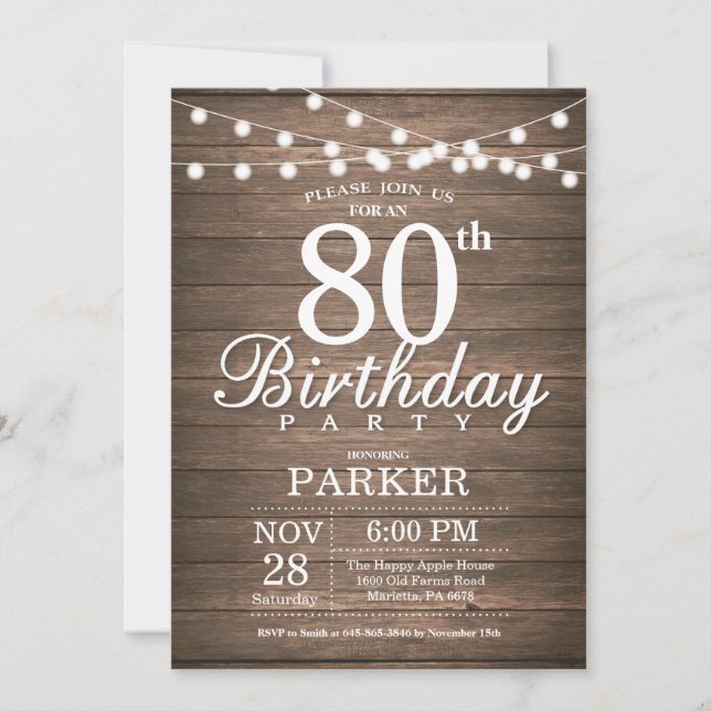 Invitación Rustic 80th Birthday Invitation String Lights Wood (Anverso)