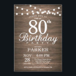 Invitación Rustic 80th Birthday Invitation String Lights Wood<br><div class="desc">Invitación rústica de cumpleaños 80 con fondo de madera de String Lights. 16.º 18.º 21.30.º 40.º 50.60.70.90.100,  Cualquier edad. Para una mayor personalización,  haga clic en el botón "Personalizar" y utilice nuestra herramienta de diseño para modificar esta plantilla.</div>