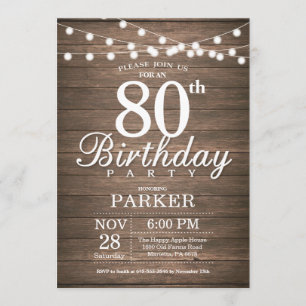 Invitación Rustic 80th Birthday Invitation String Lights Wood