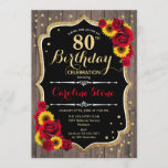 Invitación Rustic 80th Birthday - Madera de Rosas de girasole<br><div class="desc">Invitación de cumpleaños número 80. El diseño es elegante,  con un diseño de color dorado purpurina y madera marrón oscura. Cuenta con girasoles y rosas. Perfecto para un elegante estilo rústico o fiesta de cumpleaños en el jardín.</div>