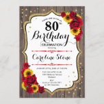 Invitación Rustic 80th Birthday - Madera de Rosas de girasole<br><div class="desc">Invitación de cumpleaños número 80. El diseño es elegante,  con un diseño de color dorado purpurina y madera marrón oscura. Cuenta con girasoles y rosas. Perfecto para un elegante estilo rústico o fiesta de cumpleaños en el jardín.</div>