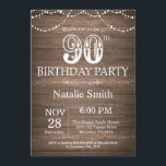 Invitación Rustic 90th Birthday Invitation String Lights<br><div class="desc">Invitación rústica de cumpleaños 90 con antecedentes de madera rústica. Luces de cadena. Retro Vintage de campo. Cumpleaños de adultos. Cumpleaños de hombres o mujeres.
Para más personalización,  haga clic en el botón "Personalizar" y utilice nuestra herramienta de diseño para modificar esta plantilla.</div>