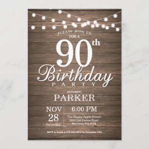 Invitación Rustic 90th Birthday Invitation String Lights Wood