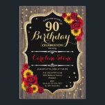 Invitación Rustic 90th Birthday - Madera de Rosas de girasole<br><div class="desc">Invitación de cumpleaños número 90. El diseño es elegante,  con un diseño de color dorado purpurina y madera marrón oscura. Cuenta con girasoles y rosas. Perfecto para un elegante estilo rústico o fiesta de cumpleaños en el jardín.</div>