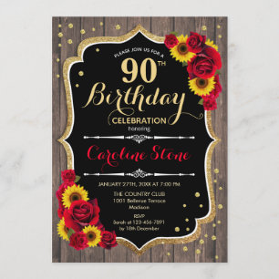 Invitación Rustic 90th Birthday - Madera de Rosas de girasole
