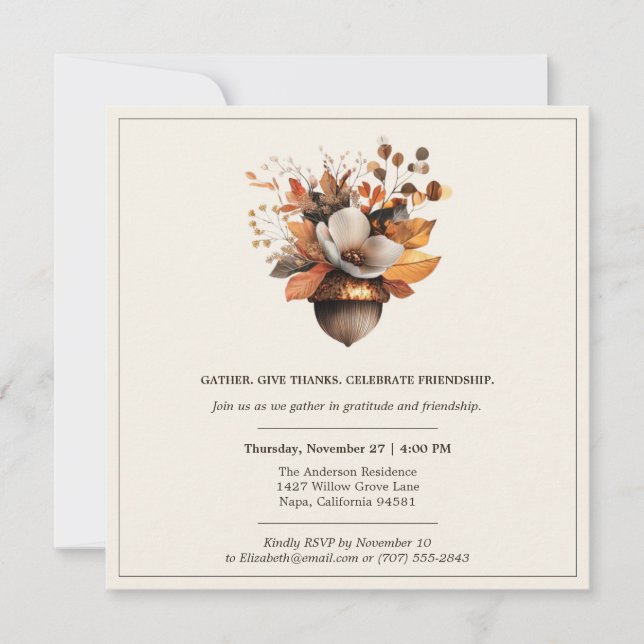 Invitación Rustic Acorn Floral | Ivory Thanksgiving Dinner (Anverso)