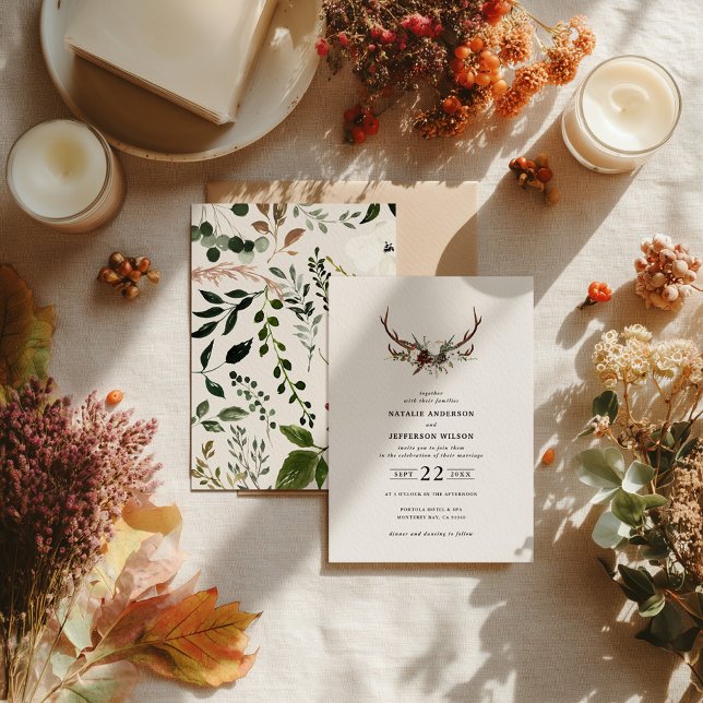 Invitación Rustic Antler Floral Wedding Boho Woodland Barn (Subido por el creador)