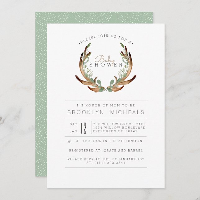 Invitación Rustic Antler Watercolor Baby Shower (Anverso / Reverso)