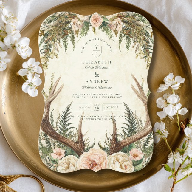 Invitación Rustic Antler Woodland Floral Wedding (Subido por el creador)