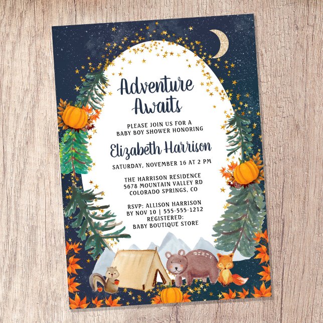 Invitación Rustic Autumn Adventure Night Sky Baby Shower (Celebrate the upcoming arrival of your sweet little autumn baby with a pumpkin-themed baby shower)