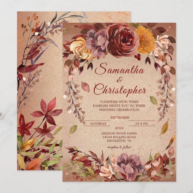 Invitación Rustic Autumn Bloom Burgundy Amber Fall Wedding (Anverso / Reverso)