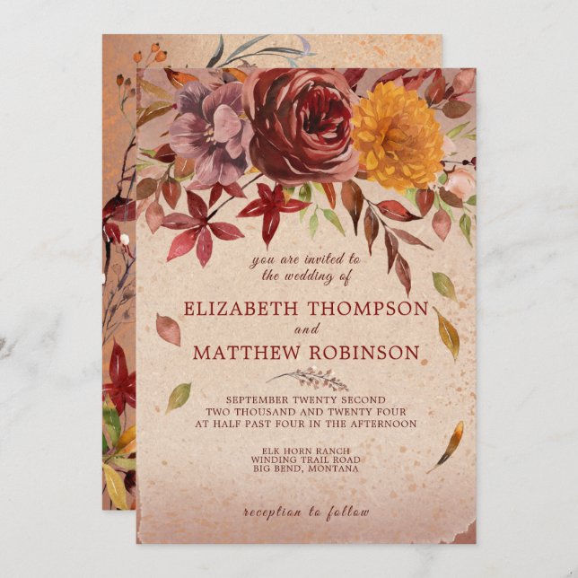 Invitación Rustic Autumn Bloom Burgundy Rubor Fall Wedding (Anverso / Reverso)