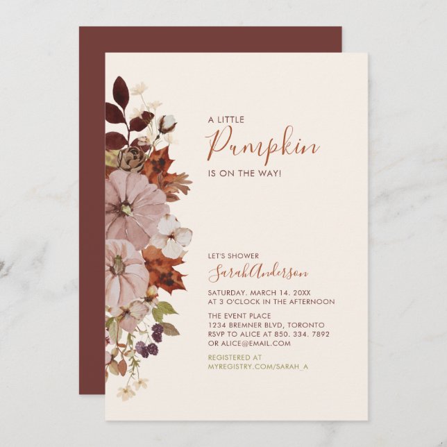 Invitación Rustic Autumn Floral Pumpkin Baby Showe (Anverso / Reverso)