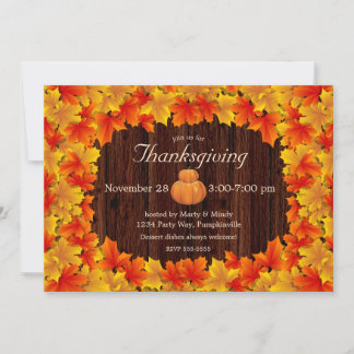 Invitación Rustic Autumn Leaves, calabazas Acción de Gracias