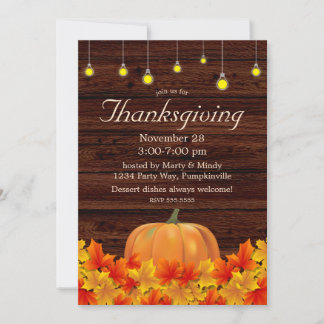 Invitación Rustic Autumn String Lights, calabaza Acción de Gr