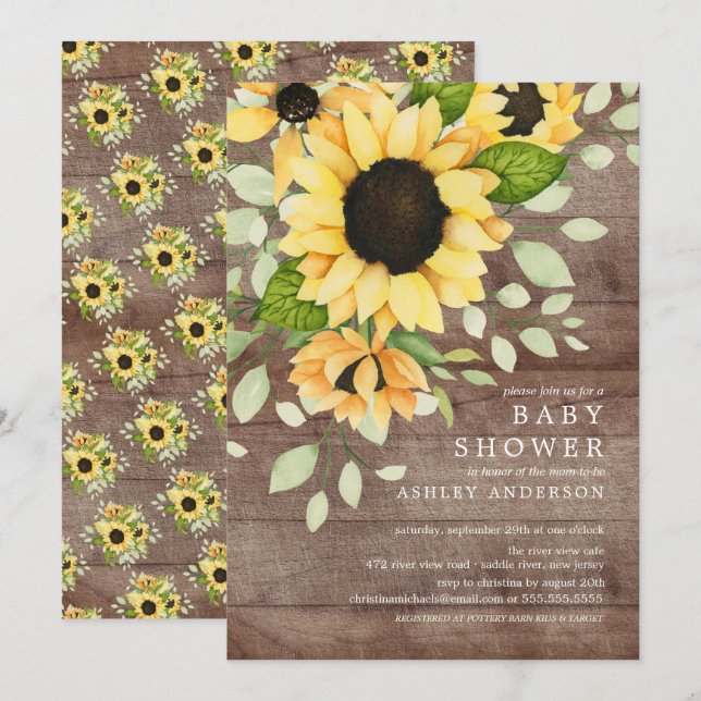 Invitación Rustic Autumn Sunflower Floral Baby Shower (Anverso / Reverso)