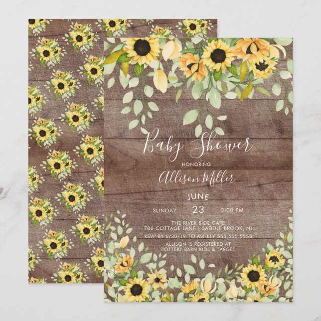 Invitación Rustic Autumn Sunflower Floral Baby Shower (Anverso / Reverso)