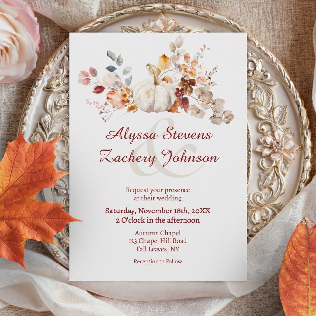 Invitación Rustic Autums Leaves Cae Boda de calabaza (White Pumpkin Autumn Leaves Fall Wedding Invitation)