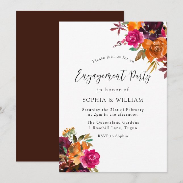 Invitación Rustic Autumt Watercolor Floral Engagement Party (Anverso / Reverso)