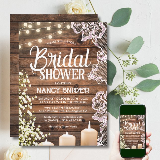 Invitación Rustic Baby's Breath String Lights & Lace Bridal (Subido por el creador)
