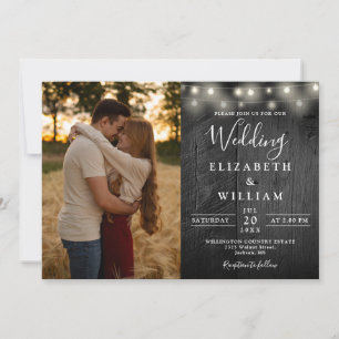 Invitación Rustic Barn Black Wood String ilumina foto Boda
