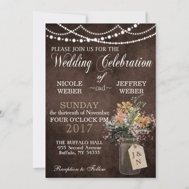Invitación Rustic Barn Boda String ilumina Mason Jar (Anverso)
