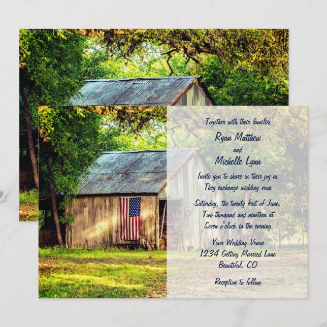 Invitación Rustic Barn Patriótico Boda de Bandera Estadounide (Anverso / Reverso)