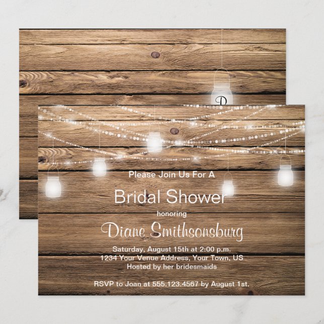 Invitación Rustic Barn Wood Mason Jar Ilustra Ducha Británica (Anverso / Reverso)
