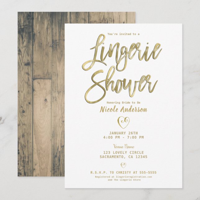 Invitación Rustic Barn Wood Moderno Gold Lingerie Ducha (Anverso / Reverso)
