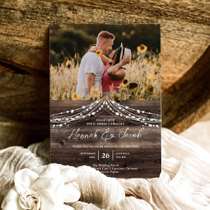 Invitación Rustic Barn Wood String ilumina a Boda de fotos