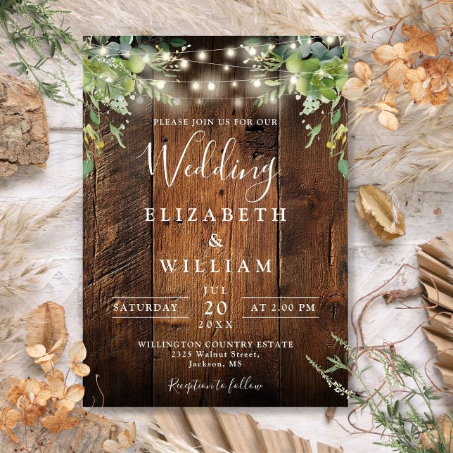 Invitación Rustic Barn Wood String ilumina al Boda de la vege (Rustic Barn Wood String Lights Greenery Wedding Invitation)