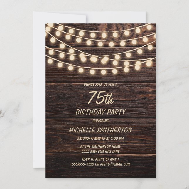 Invitación Rustic Barn Wood String ilumina el cumpleaños 75 (Anverso)