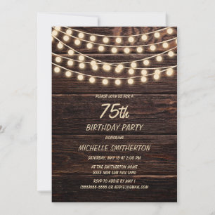 Invitación Rustic Barn Wood String ilumina el cumpleaños 75
