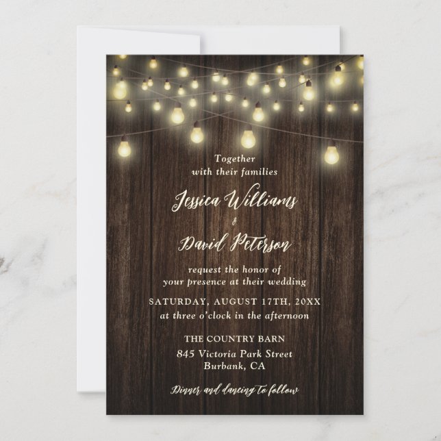 Invitación Rustic Barn Wood String ilumina la boda del país (Anverso)