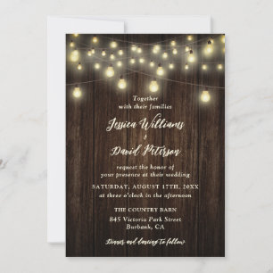 Invitación Rustic Barn Wood String ilumina la boda del país