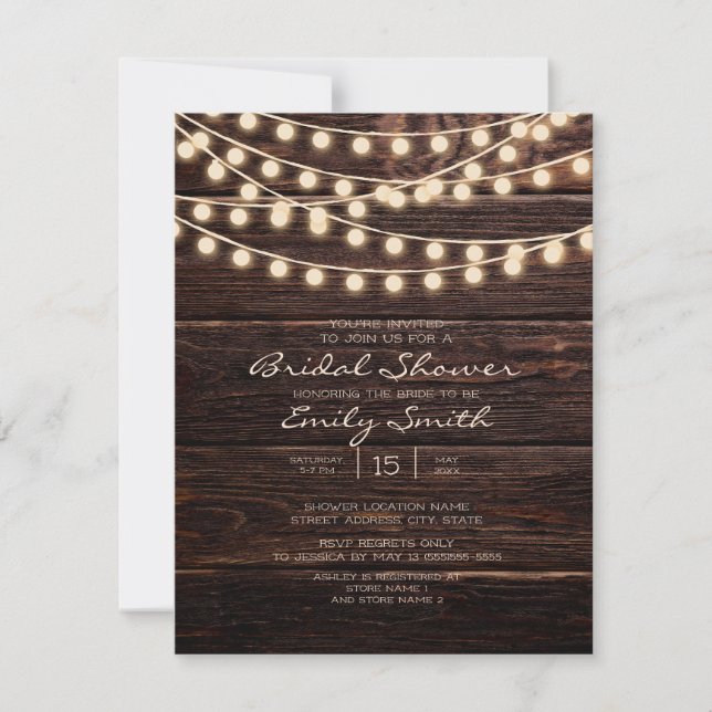 Invitación Rustic Barn Wood String ilumina la ducha de novia (Anverso)