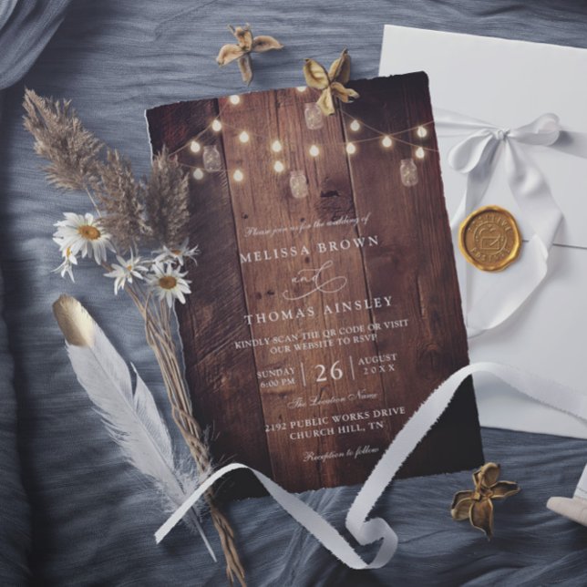 Invitación Rustic Barn Wood String Lights QR Code Wedding (Subido por el creador)