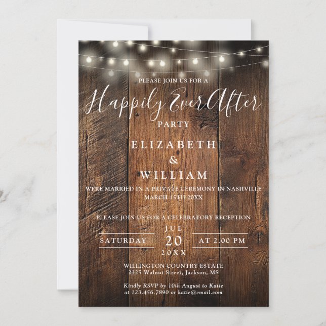 Invitación Rustic Barn Wood String Lights Wedding Reception (Anverso)