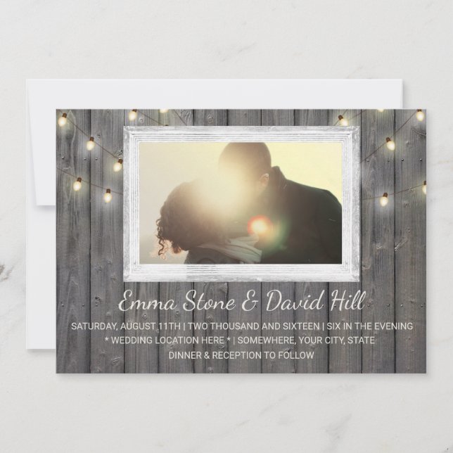 Invitación Rustic Barn Wood String Luces Boda Foto (Anverso)