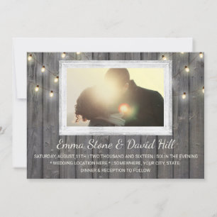 Invitación Rustic Barn Wood String Luces Boda Foto