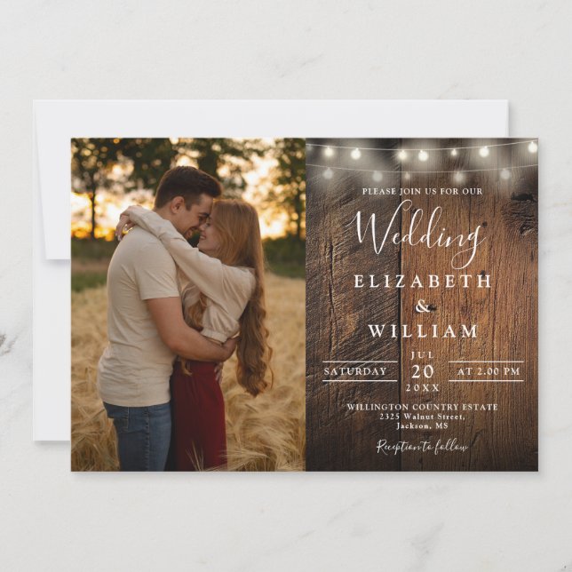 Invitación Rustic Barn Wood String Luces Boda Foto (Anverso)