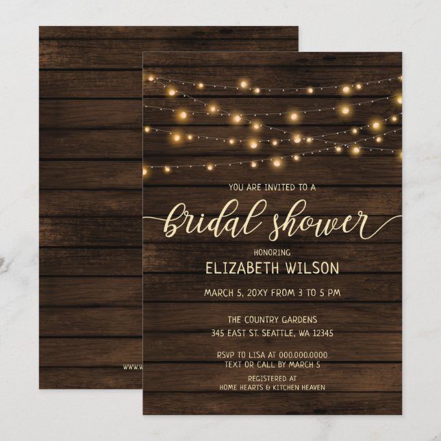 Invitación Rustic Barn Wood String luces Brillantes Shower (Anverso / Reverso)