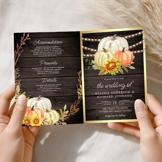 Invitación Rustic Barn Wood Sunflower Pumpkin QR Code Wedding (Subido por el creador)