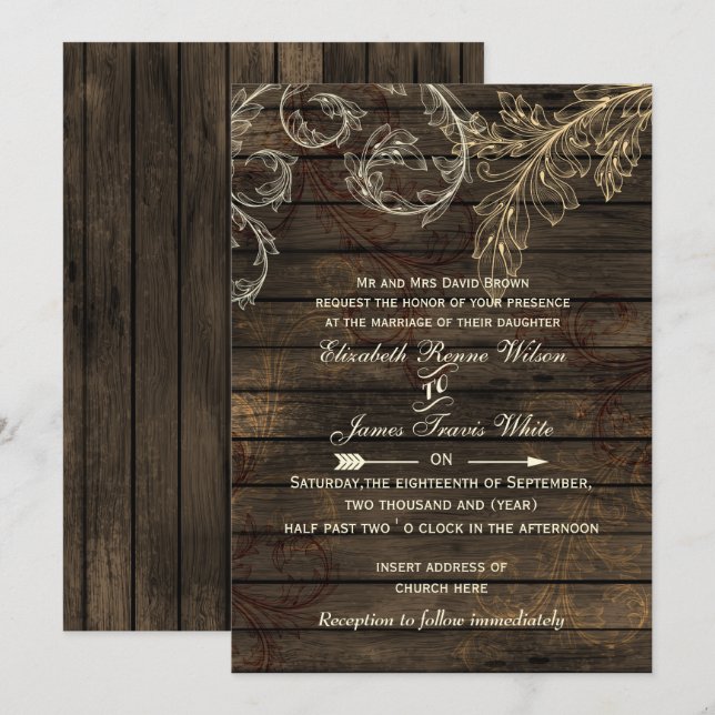 Invitación Rustic Barnwood, boda floreciente (Anverso / Reverso)